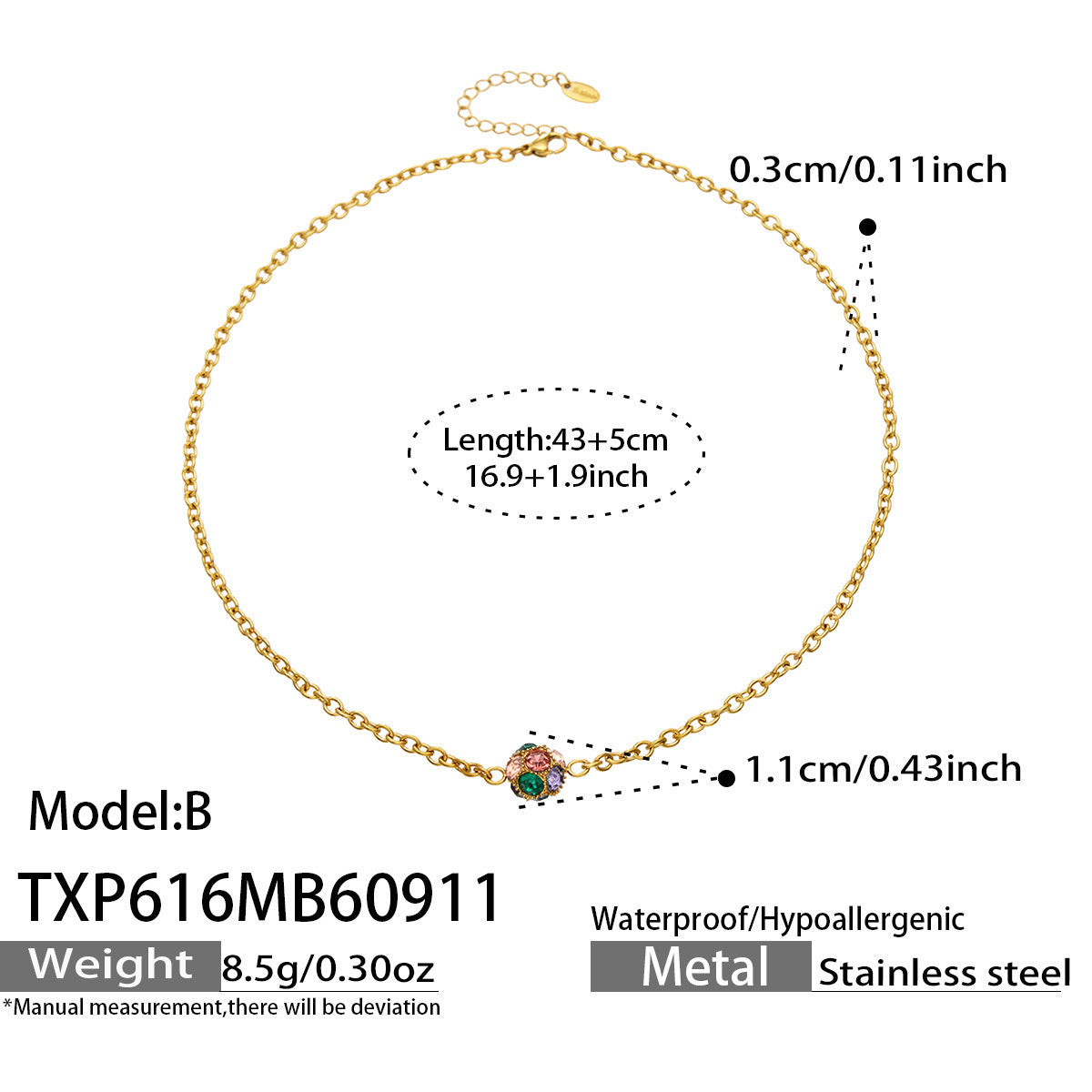 B廠【TXP616】新款多巴胺球形鋯石不銹鋼鍍18k金 簡約通勤手鍊項鍊耳環首飾套裝
 26.09-3