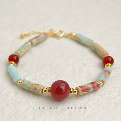 A廠【S207】全新中式天然石紅瑪瑙壽山石原創設計師款手工手鍊文藝新手飾 25.03-4