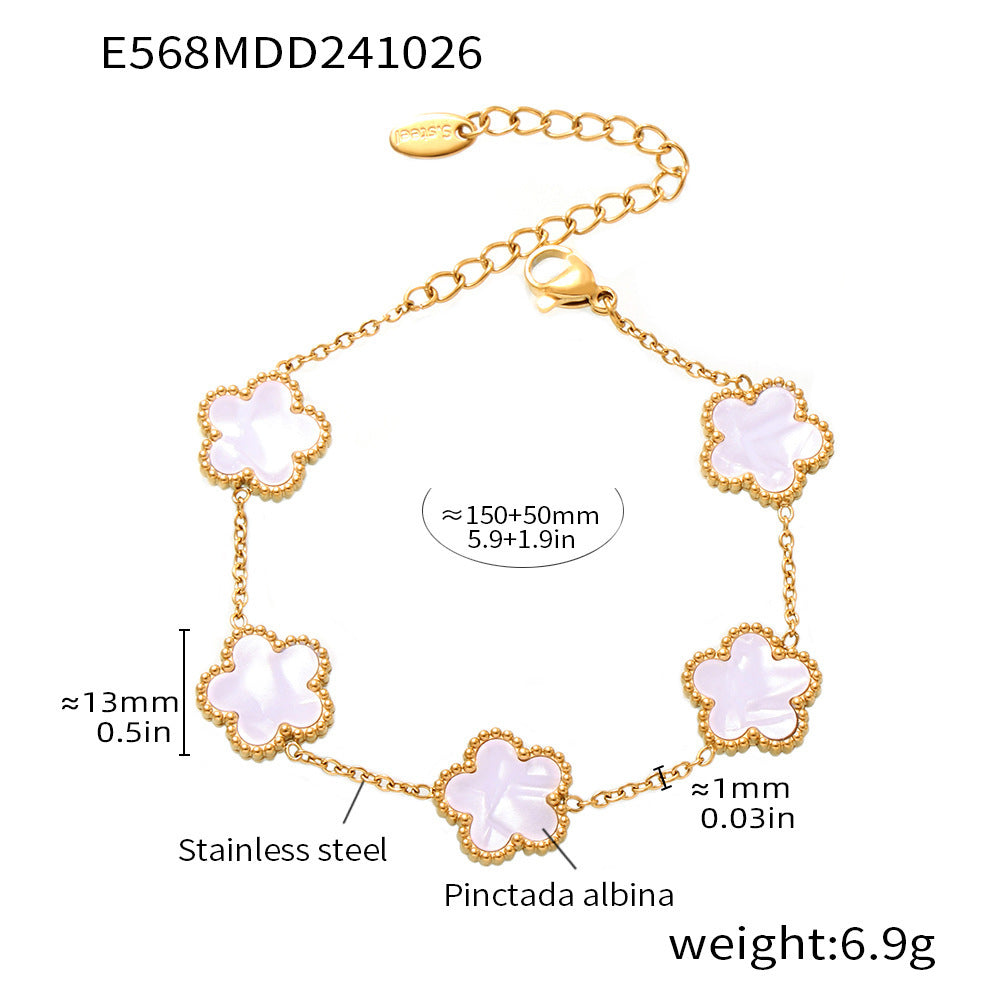 B廠【E568】 多色瑪瑙五葉花不銹鋼手鍊輕奢氣質花朵鏈條手飾 24.11-2