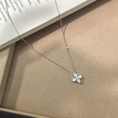E廠【XDQ1004N】S925純銀輕奢貝殼四葉草項鍊女溫柔千金風鑲鑽花朵精緻鎖骨鏈
 26.09-1