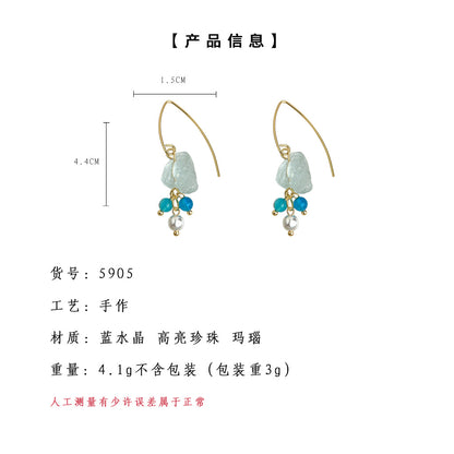 A廠【5905】天然石碎石水晶溫柔海水藍度假風甜美清新手工耳環飾品女 25.05-1