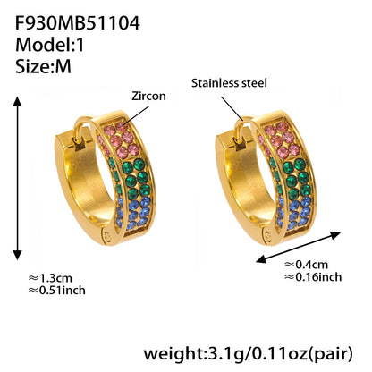 B廠【F930】ins風高品質彩色5A鋯石圓圈卡扣耳環不鏽鋼鍍18k真金耳飾女
 25.11-2