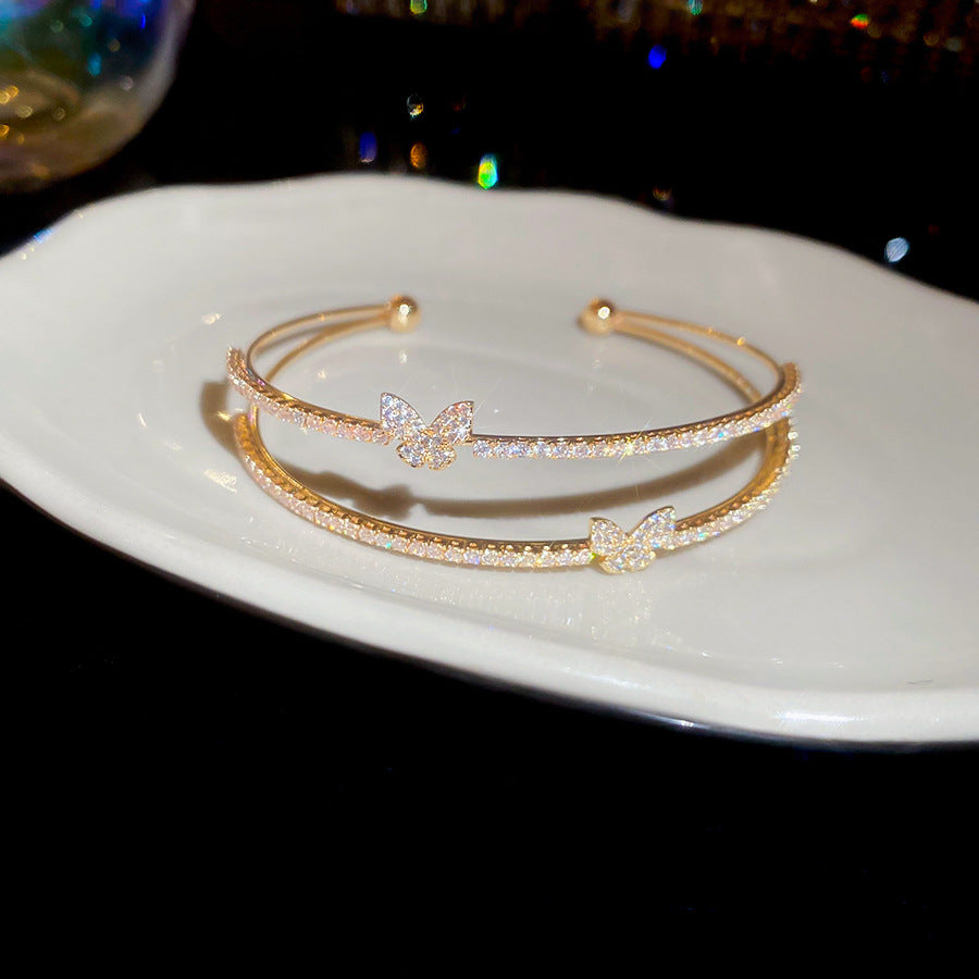 A廠【HB4894】韓系鋯石蝴蝶雙層開口手鐲輕奢高級感手環精緻小眾甜美通勤手飾女
 25.11-1