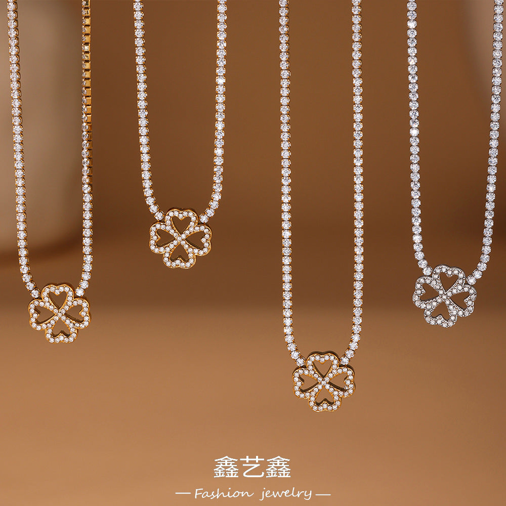 B廠【TXP300】超閃5A鋯石2mm鑽四葉花愛心手鍊項鍊組不鏽鋼鍍18k金飾品 25.07-1