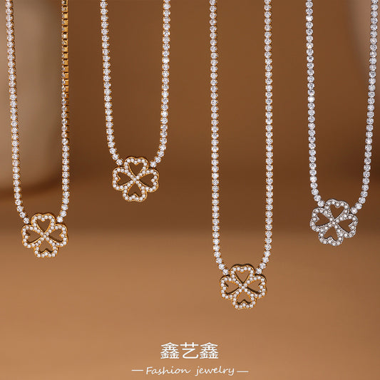 B廠【TXP300】超閃5A鋯石2mm鑽四葉花愛心手鍊項鍊組不鏽鋼鍍18k金飾品 25.07-1