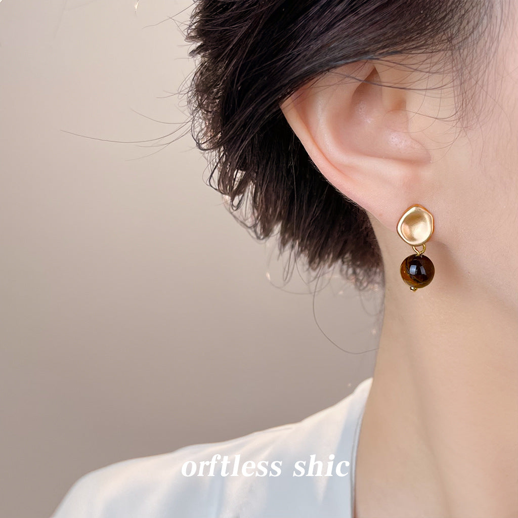 C廠【6994】文藝復古天然石虎眼石925銀針時尚高級感簡約圓形幾何耳環耳環女
 25.10-5