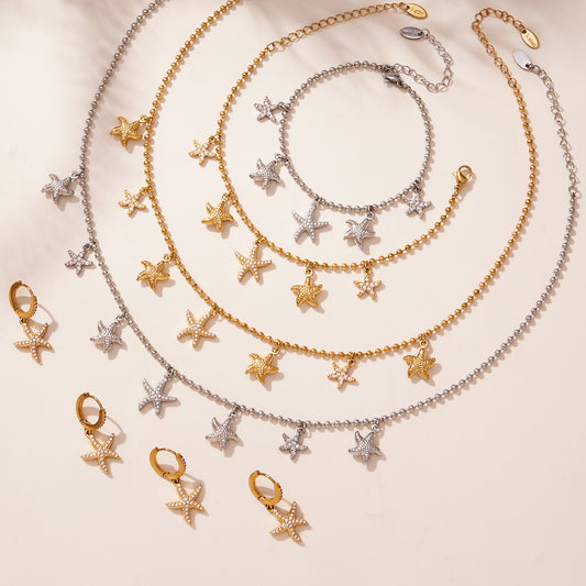 B廠【TXP478】跨境新款不鏽鋼鋯石海星吊墜耳環項鍊手鍊套組簡約鑲鑽配件
 25.11-3