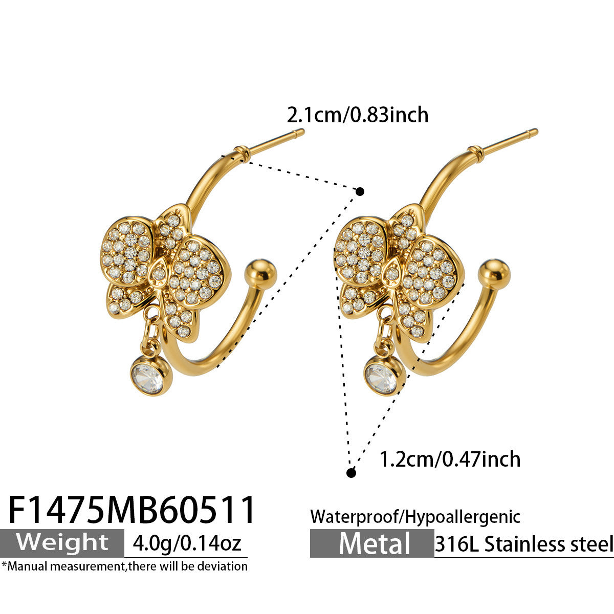 B廠【F1475】歐美不鏽鋼飾品蝴蝶鑲嵌鋯石C型耳環耳環女輕奢氣質小眾耳飾
 26.05-3