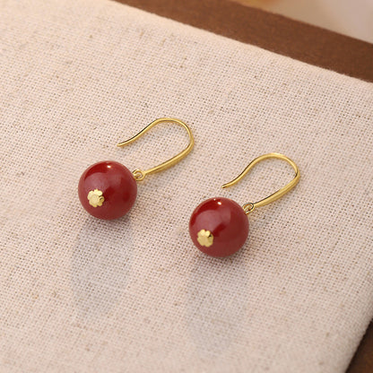 D廠【YC3453E】S925銀國潮硃砂耳鉤女民族風紅復古極簡圓形新中式耳環 25.02-2