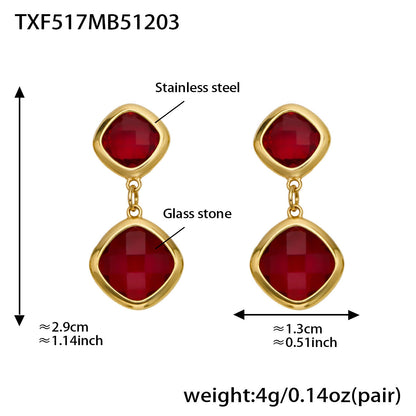 B廠【TXP517】不銹鋼方形切麵包邊玻璃石吊墜耳環項鍊手鍊珠寶首飾套裝鍍18k金
 25.12-2