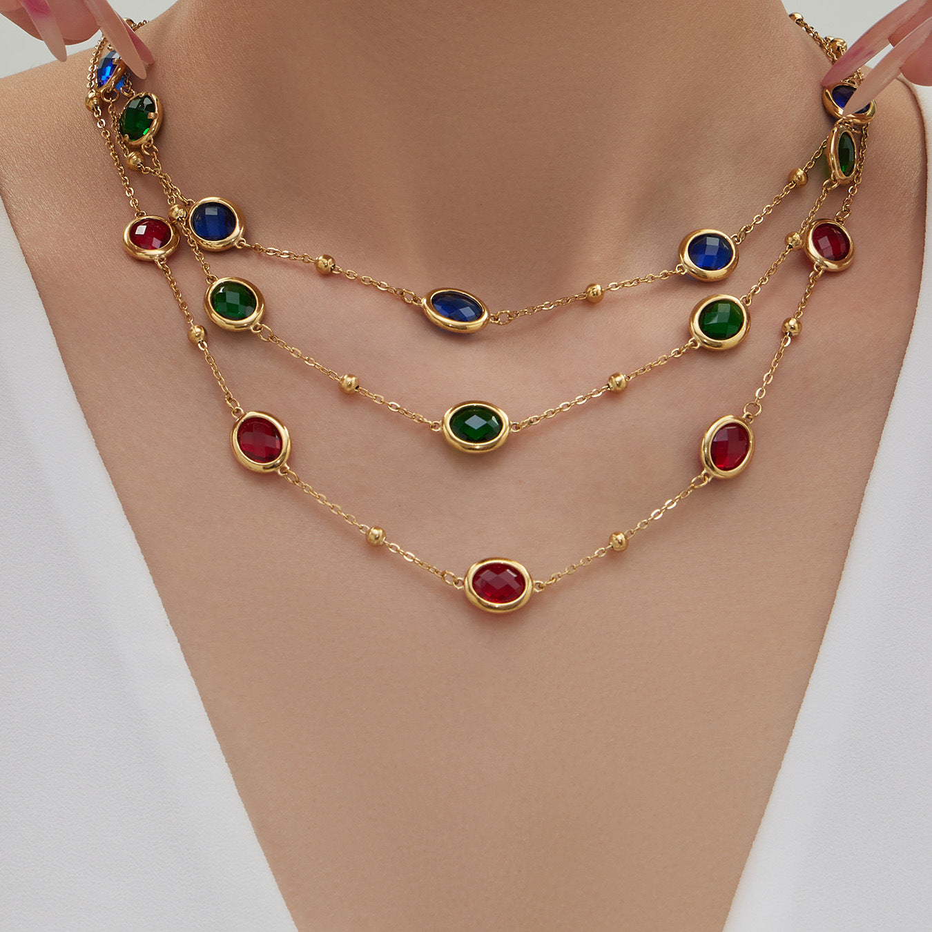 B廠【TXP511】不鏽鋼幾何橢圓切面玻璃石包邊項鍊手鍊耳環組鍍18k金跨國首飾
 25.12-2