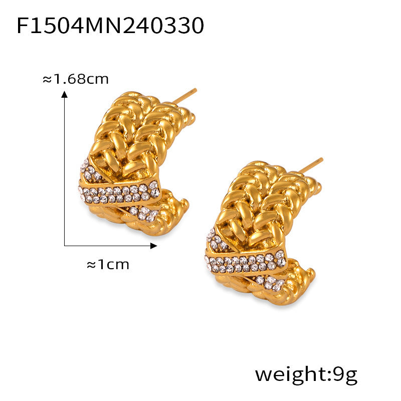 B廠【F1504】歐美個性新款耳環鈦鋼鍍18k金鑲鑽耳環跨境時尚C型蕭邦鏈耳飾 24.04-2