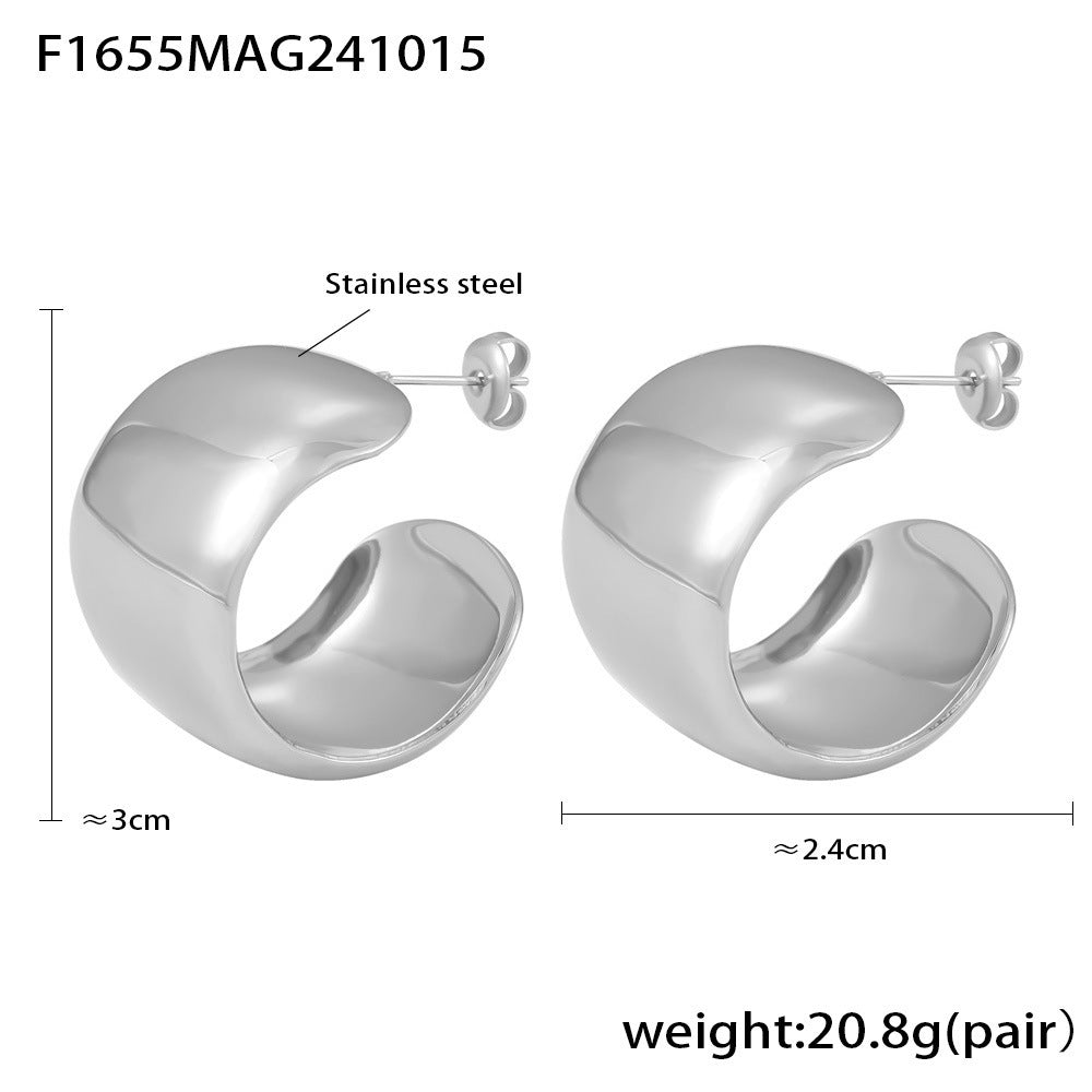 B廠【F1655】ins風時尚C型大光澤耳環不鏽鋼PVD鍍金不褪色時髦潮流耳飾 24.10-4