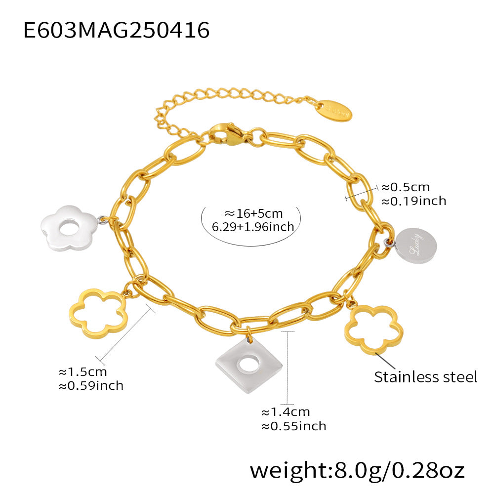 B廠【E603】歐美飾品不鏽鋼鏤空幸運花朵鏡面拋光多配件手鍊小眾百搭潮 25.04-3