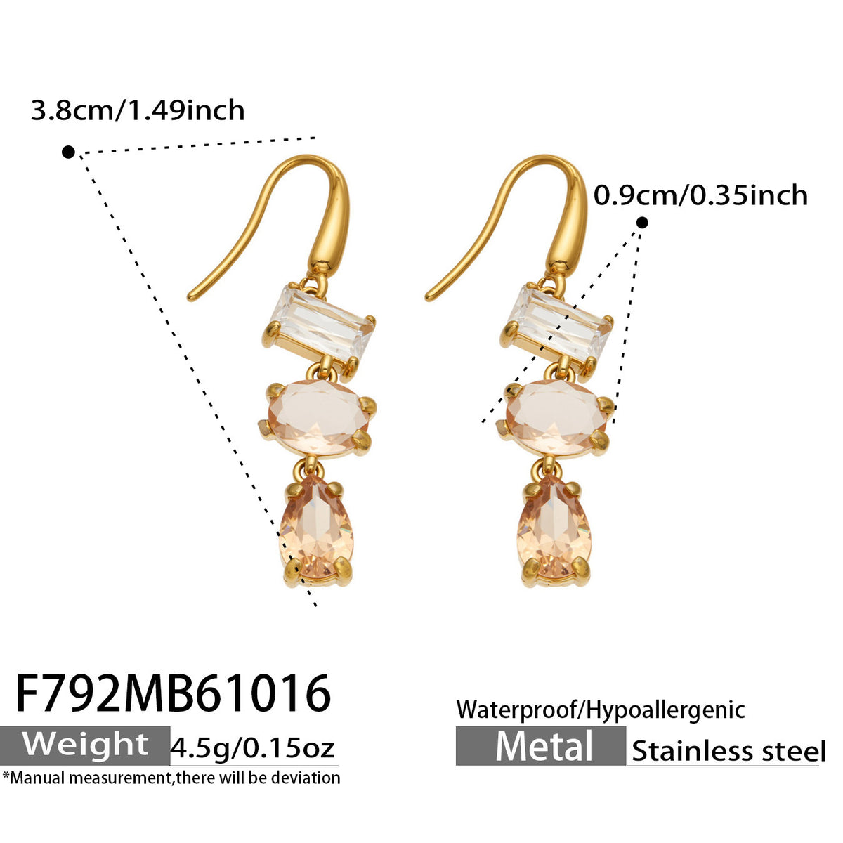 B廠【F792】個性疊層彩鋯流蘇耳墜不鏽鋼鍍18k金耳環
 26.10-4