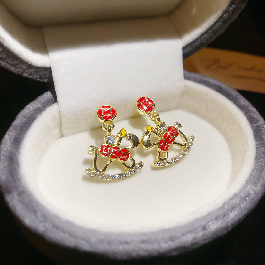 A廠【WE5161】925銀針鑲鑽滴油小馬吊墜耳環輕奢高級感新中式本命年氣質耳環耳飾女
 25.11-2