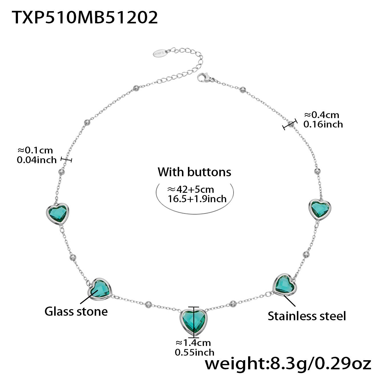 B廠【TXP510】不鏽鋼愛心切麵包邊玻璃石鋼珠項鍊手鍊耳環組鍍18k真金不掉色
 25.12-2