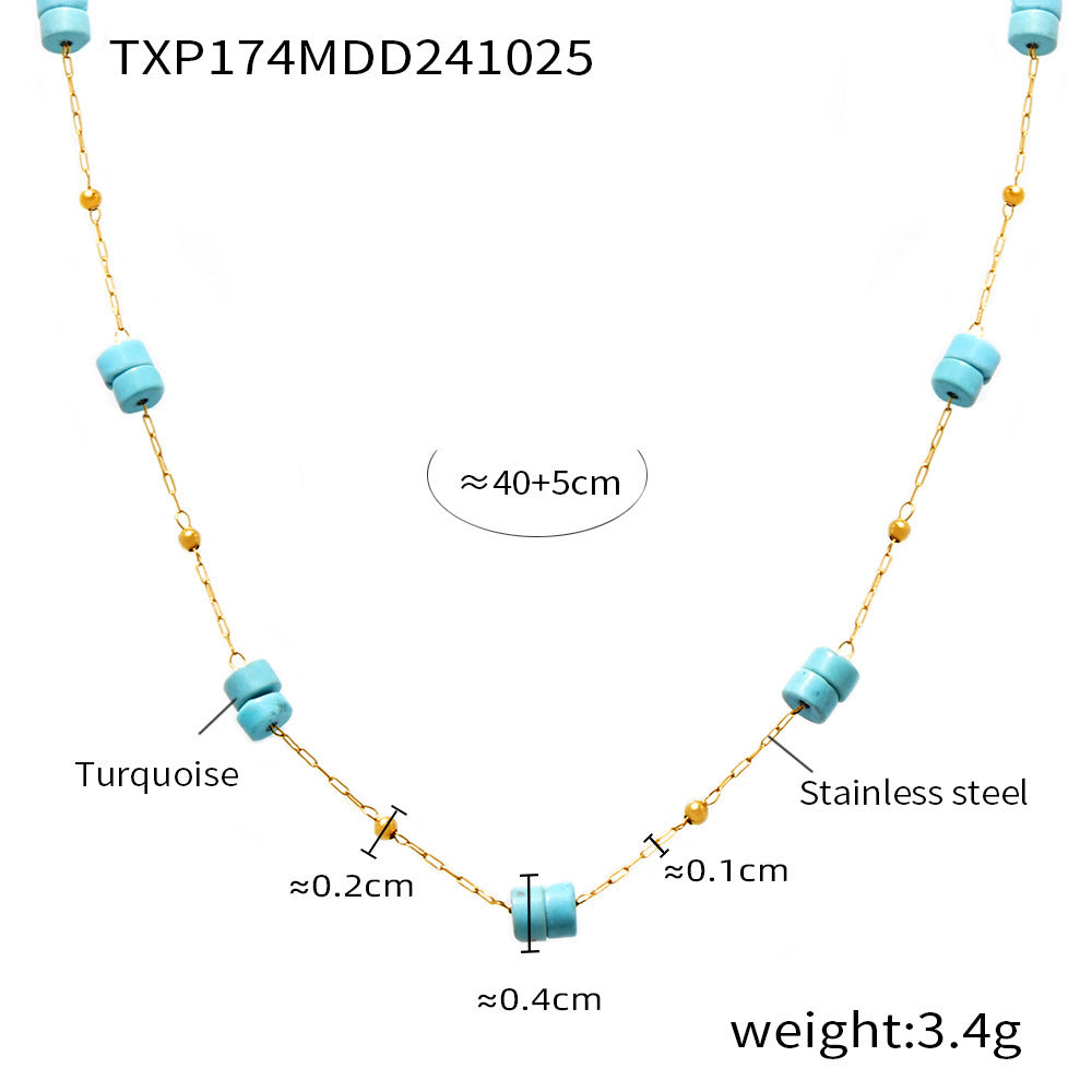 B廠【TXP174】飾品 歐美金珠圓柱藍松石手工項鍊手鍊雙層疊戴不銹鋼套裝 24.11-2