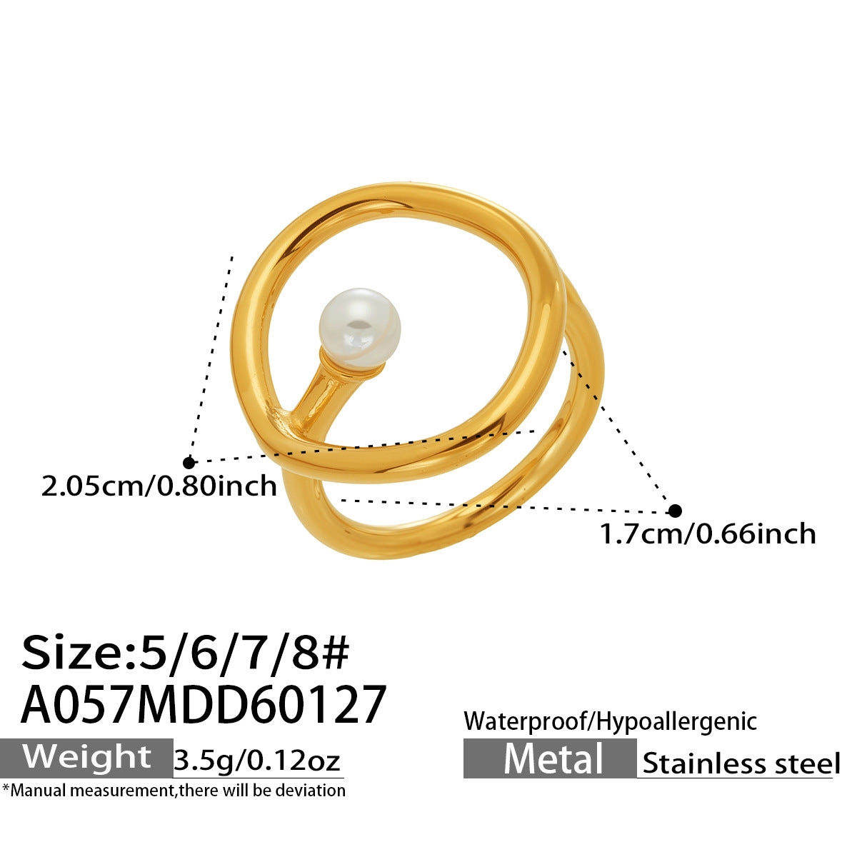 B廠【A057】歐美時尚marka戒指個性仿珍珠幾何戒指不鏽鋼鍍18k真金飾品不掉色
 26.02-1