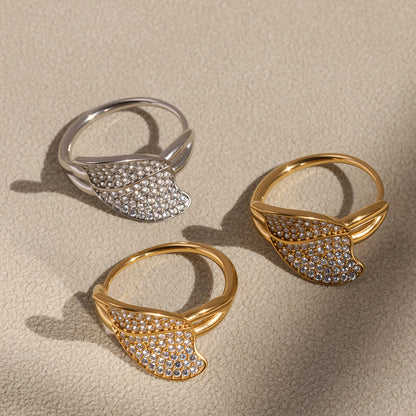 B廠【A724】新款飾品不鏽鋼葉子造型5A鋯石超閃滿鑽側開口戒指鍍18k金 25.05-1