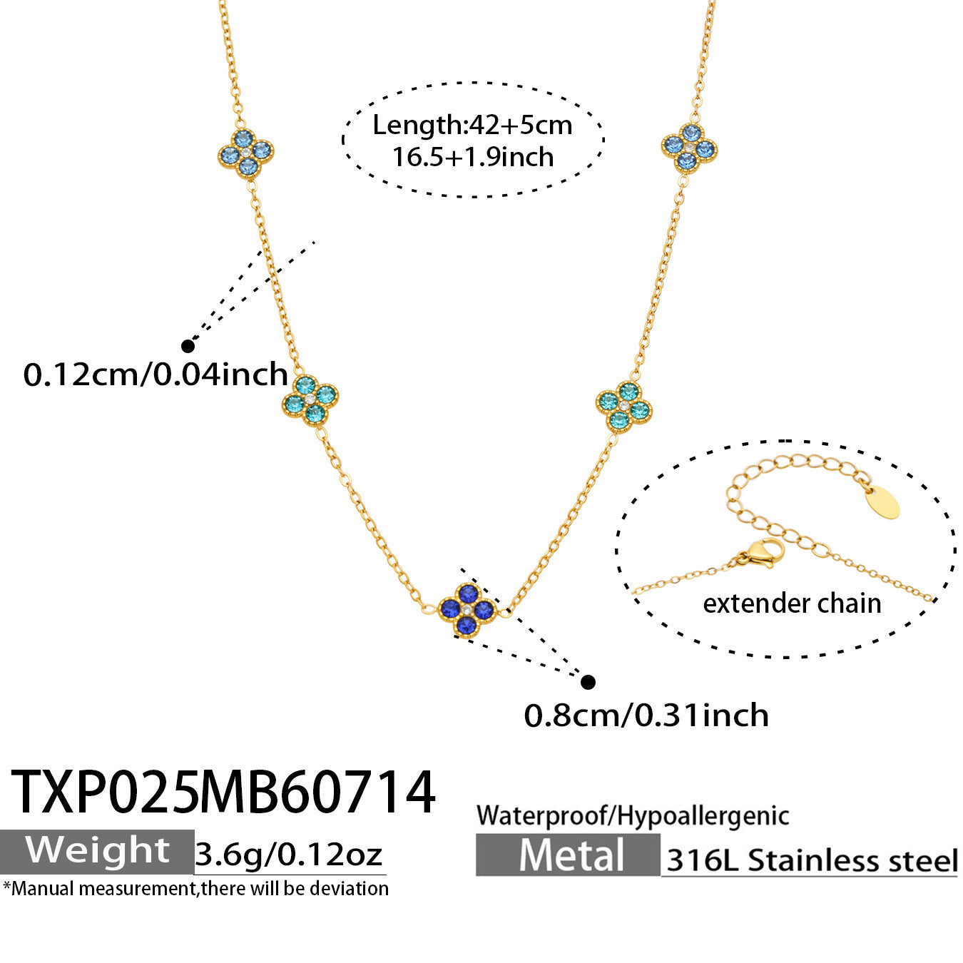 B廠【TXP025】歐美多巴胺系列四葉花不銹鋼鍍18k金 鑲嵌鋯石項鍊手鍊女飾品套裝
 26.07-4