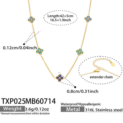 B廠【TXP025】歐美多巴胺系列四葉花不銹鋼鍍18k金 鑲嵌鋯石項鍊手鍊女飾品套裝
 26.07-4