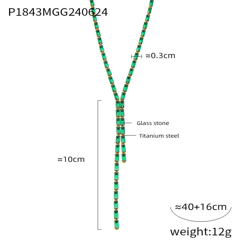 B廠【P1843】韓版輕奢時尚單排鑽鈦鋼鑲彩色長方形鋯石項鍊2024年新品首飾 24.06-4