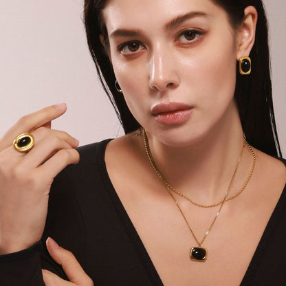 B廠【P521】天然黑瑪瑙耳環ins小眾設計感項鍊時尚百搭鈦鋼18K真金套裝 25.03-2