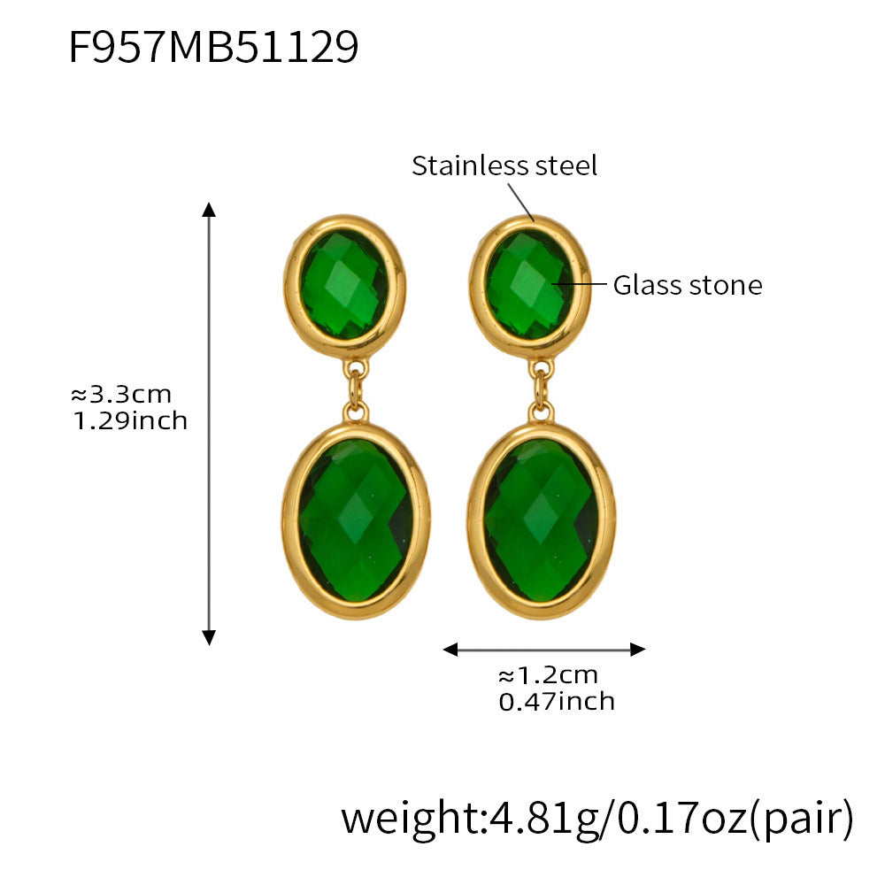B廠【F957】不鏽鋼幾何橢圓吊墜切面玻璃石耳環ins小眾設計百搭耳飾鍍18k真金
 25.12-1