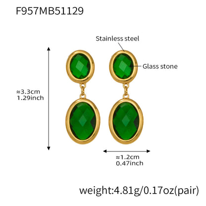 B廠【F957】不鏽鋼幾何橢圓吊墜切面玻璃石耳環ins小眾設計百搭耳飾鍍18k真金
 25.12-1