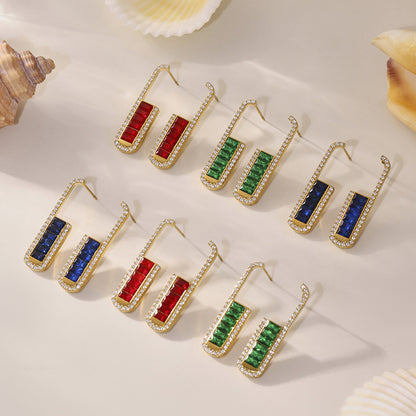 B廠【F403】不鏽鋼長方形耳石漸層綠滿鑽耳環 18k金時尚搭搭珠寶飾品 25.07-4