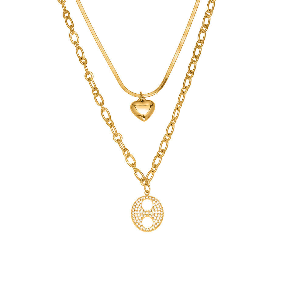 B廠【P100】 不鏽鋼雙層疊戴愛心豬鼻子鋯石項鍊 鍍18k金歐美百搭項鍊
 25.11-3