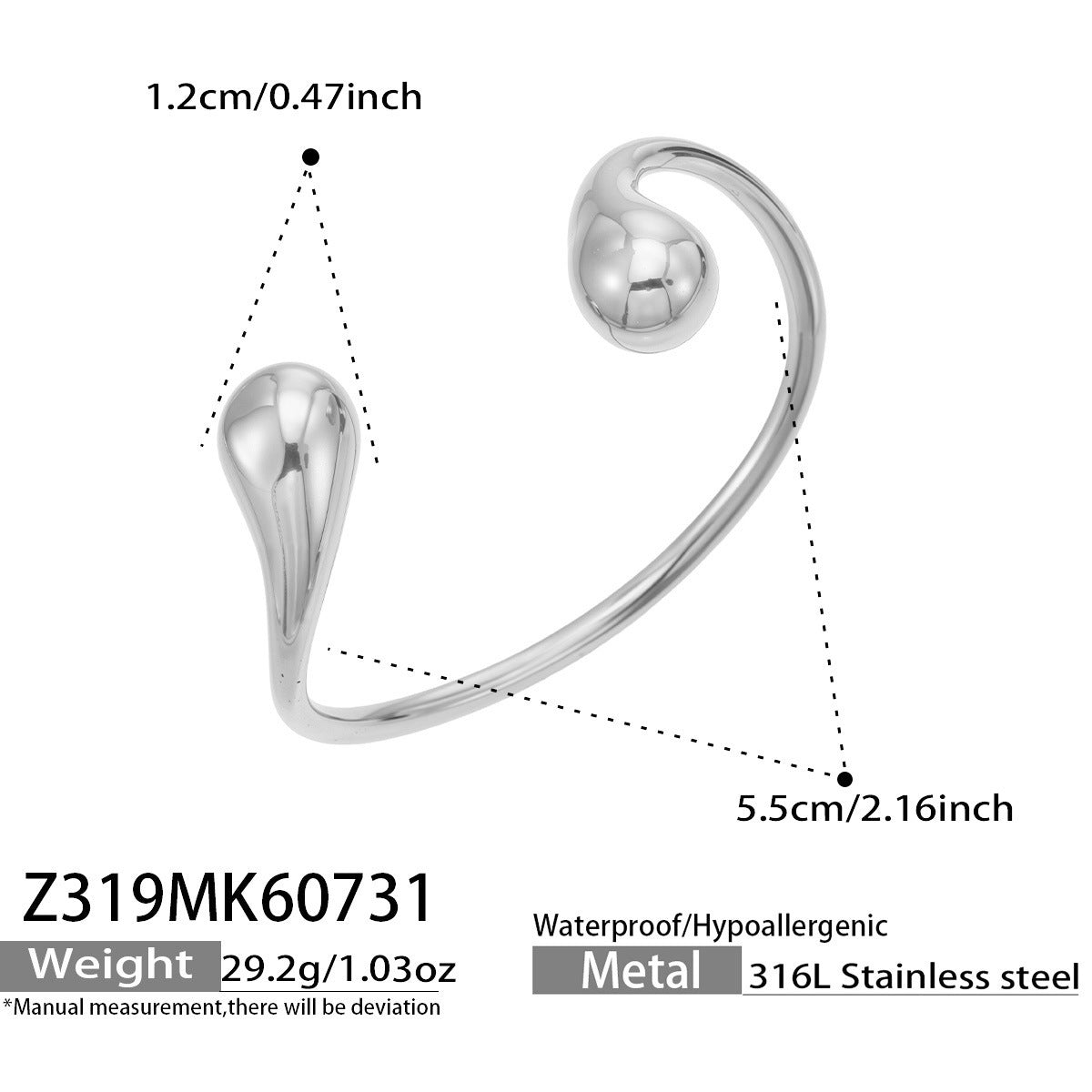 B廠【Z319】時尚新款鈦鋼PVD真空電鍍金色開口水滴不規則手環ins風格簡約飾品女
 26.08-1