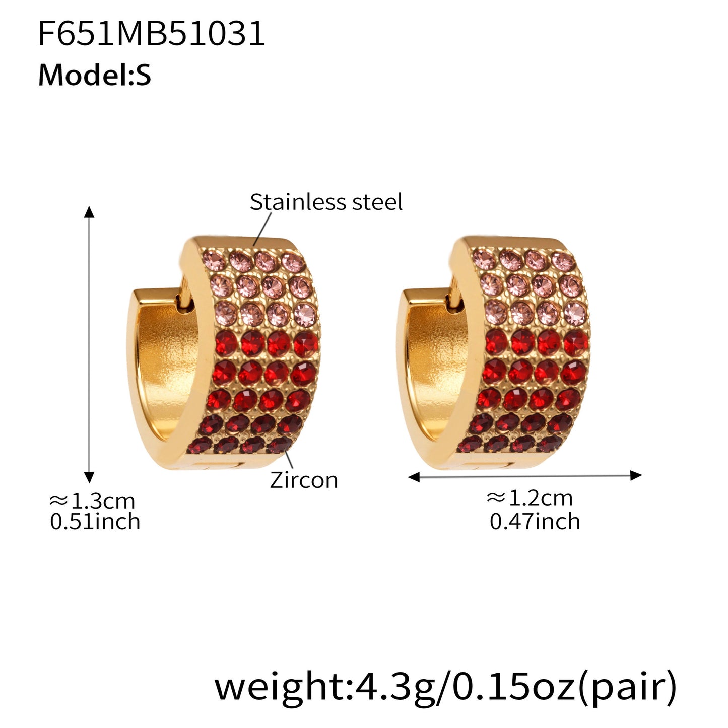B廠【F651】彩鑽四排鋯石精緻卡扣耳環不鏽鋼鍍18k金時尚百搭個性耳飾
 25.11-1
