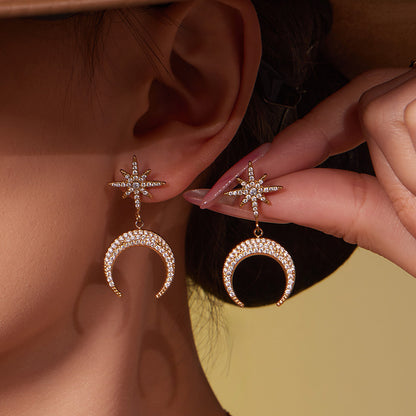 B廠【TXP485】歐美熱銷新品不銹鋼5A鋯石八芒星月牙吊墜耳環項鍊首飾套裝
 25.11-4