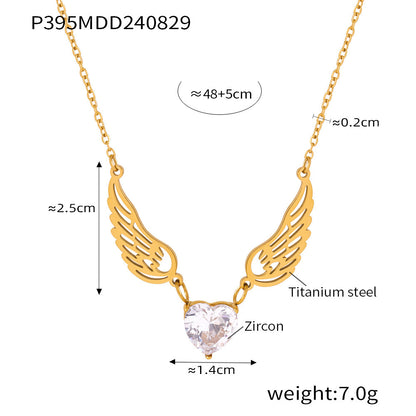 B廠【P395】跨境愛心鋯石天使翅膀項鍊百搭個性氣質女神禮物鈦鋼鎖骨鏈飾品女 24.09-1