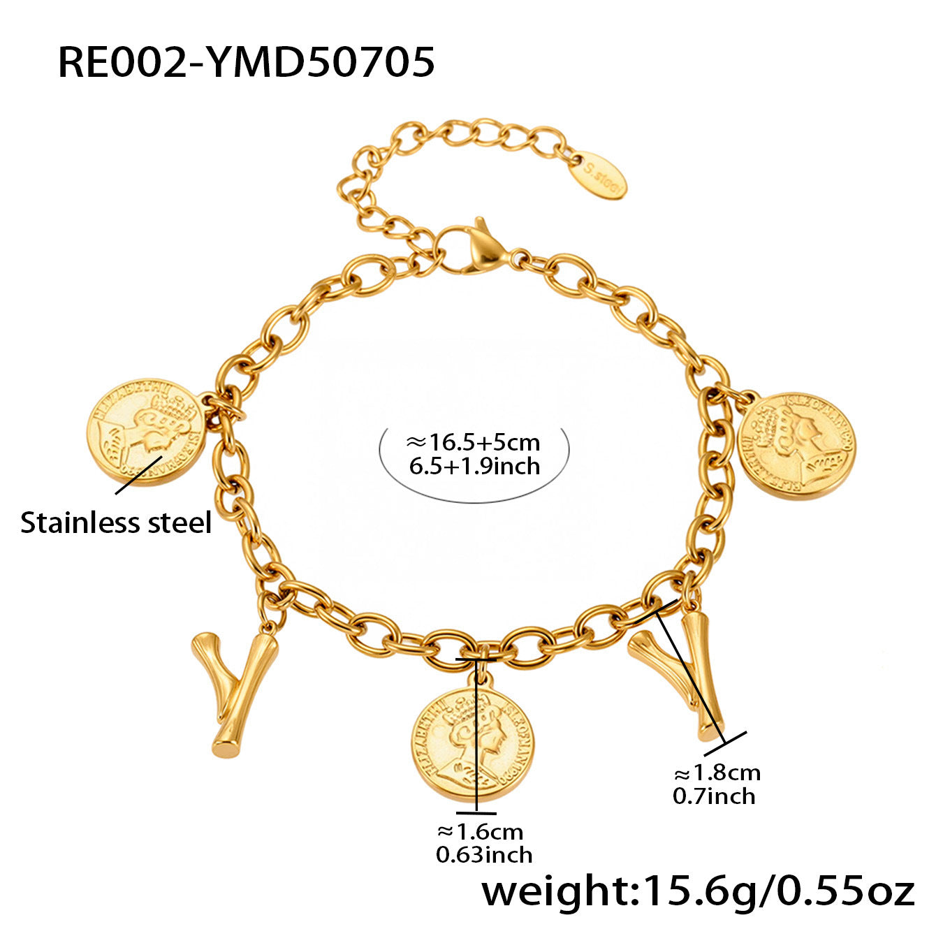 B廠【RE002】歐美飾品不鏽鋼26個字母伊莉莎白女王圖像手鍊鍍18k金色保色 25.07-3
