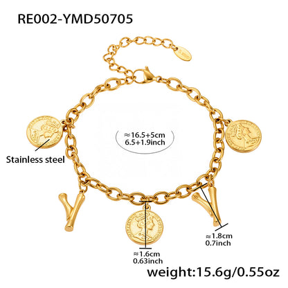 B廠【RE002】歐美飾品不鏽鋼26個字母伊莉莎白女王圖像手鍊鍍18k金色保色 25.07-3