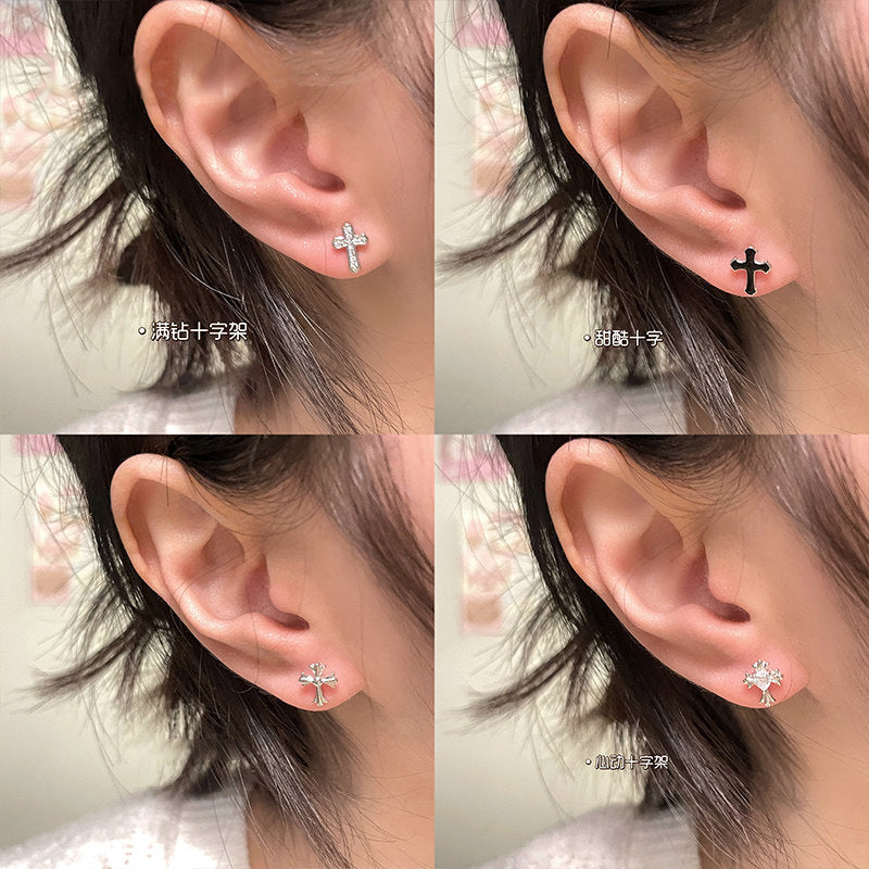 E廠【XDQ10071E】S999純銀十字架系列耳環甜酷風滴黑油耳骨釘男女疊戴百搭耳飾
 26.01-1