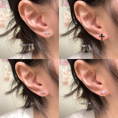 E廠【XDQ10071E】S999純銀十字架系列耳環甜酷風滴黑油耳骨釘男女疊戴百搭耳飾
 26.01-1