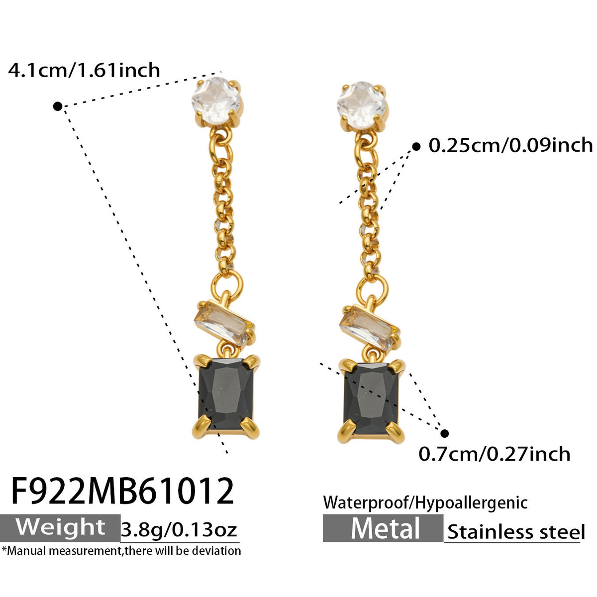 B廠【F922】方塊多巴胺鋯石不鏽鋼鍍18k金流蘇長款耳環
 26.10-4