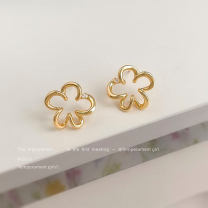 A廠【6452】時尚高級感鏤空幾何鋯石花朵925銀針鍍14K耳環女個性新耳飾 25.07-3