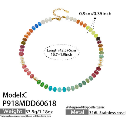 B廠【P918】多巴胺彩色天然石算盤珠淡水珍珠手工串珠項鍊不鏽鋼18k金 鎖骨鏈 26.07-1