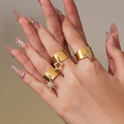 B廠【A074】跨境新不銹鋼寬面開口五角星八芒星鑲鋯石戒指鍍18k真金
 25.09-4