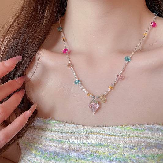 A廠【HN9442】水滴草莓玻璃水晶串珠吊墜項鍊小清新甜美鎖骨鏈輕奢高級感項鍊飾女 25.07-2