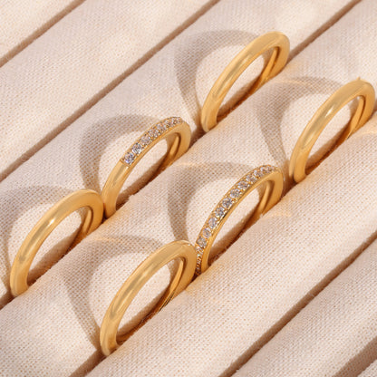 B廠【A725】ins小眾設計幾何素圈鑲鋯石三層疊戴戒指女款不鏽鋼鍍18k金 25.05-1