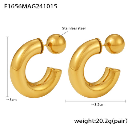 B廠【F1656】飾品ins風空心鋼珠時髦C型耳環不鏽鋼鍍18K金保色氣質耳飾 24.10-4