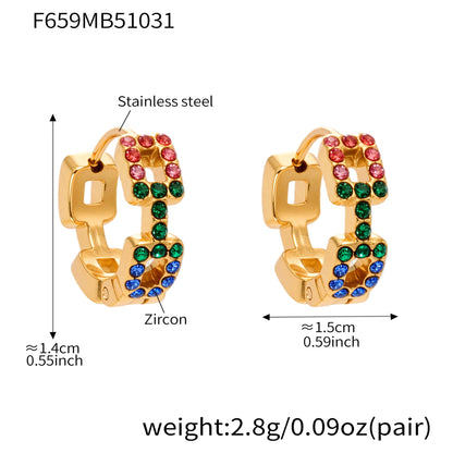 B廠【F659】方塊彩鑽鋯石超閃精緻小耳扣耳環不鏽鋼鍍18k真金百搭耳飾
 25.11-1