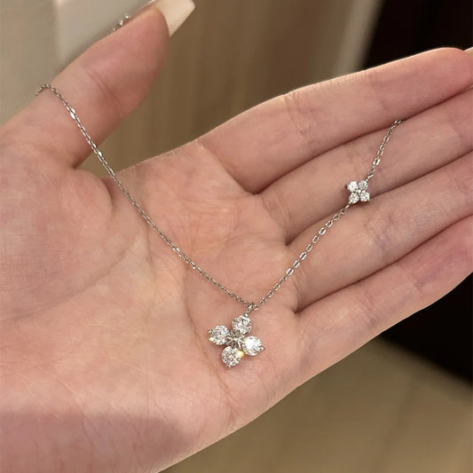 F廠【DQ1037N】S925純銀超閃四葉草項鍊女名媛風高級感滿鑽花朵輕奢鎖骨鏈潮 25.05-5