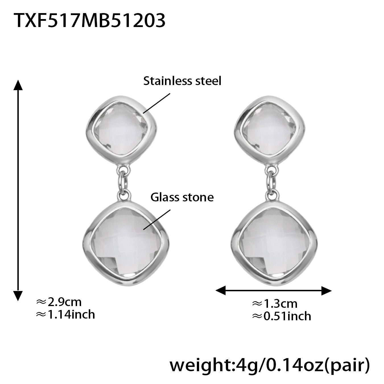 B廠【TXP517】不銹鋼方形切麵包邊玻璃石吊墜耳環項鍊手鍊珠寶首飾套裝鍍18k金
 25.12-2